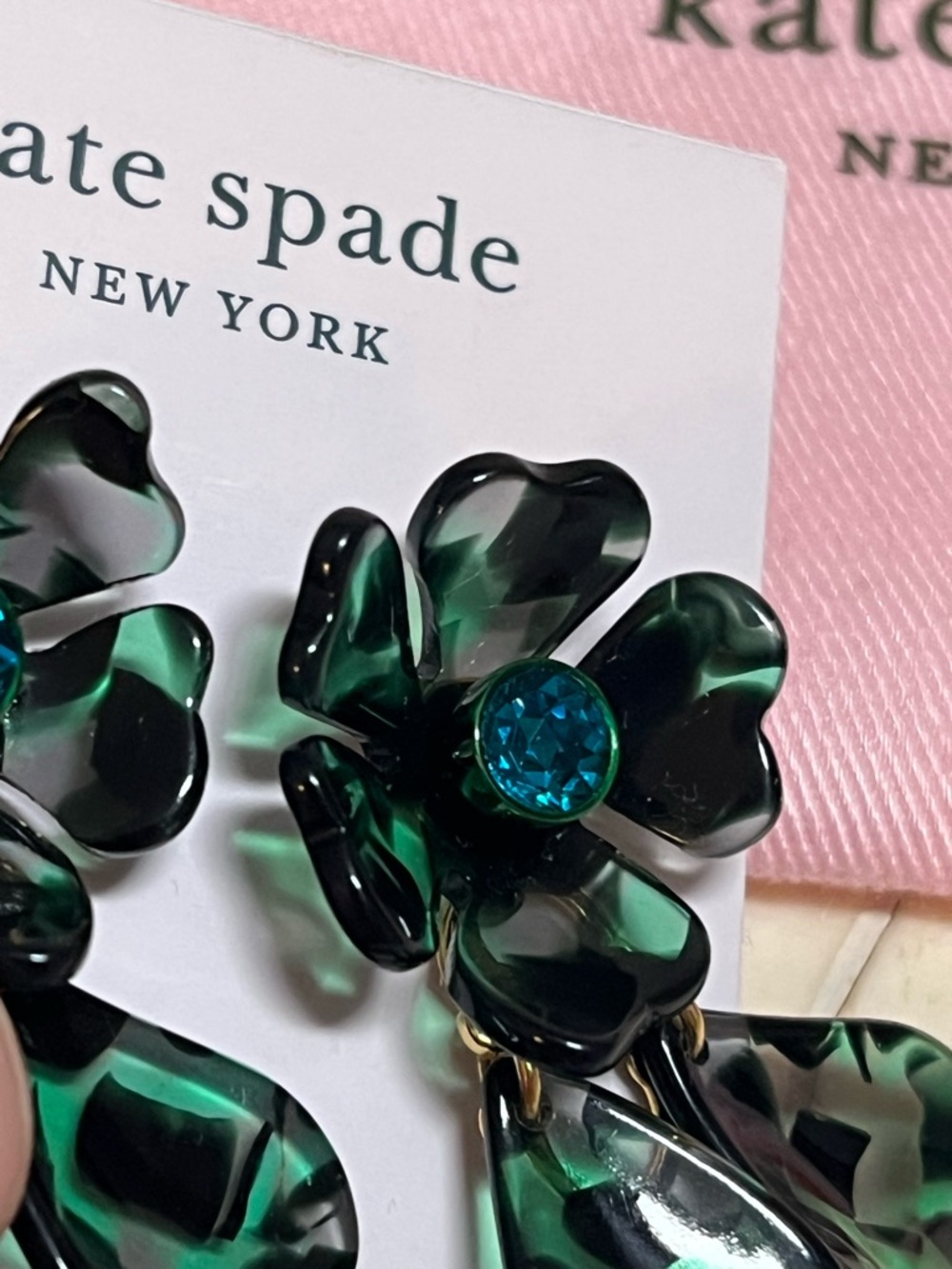 Kate Spade Green Petal Pushers Linear Earrings, with Blue Cubic Zirconia Stone - Picture 5 of 6